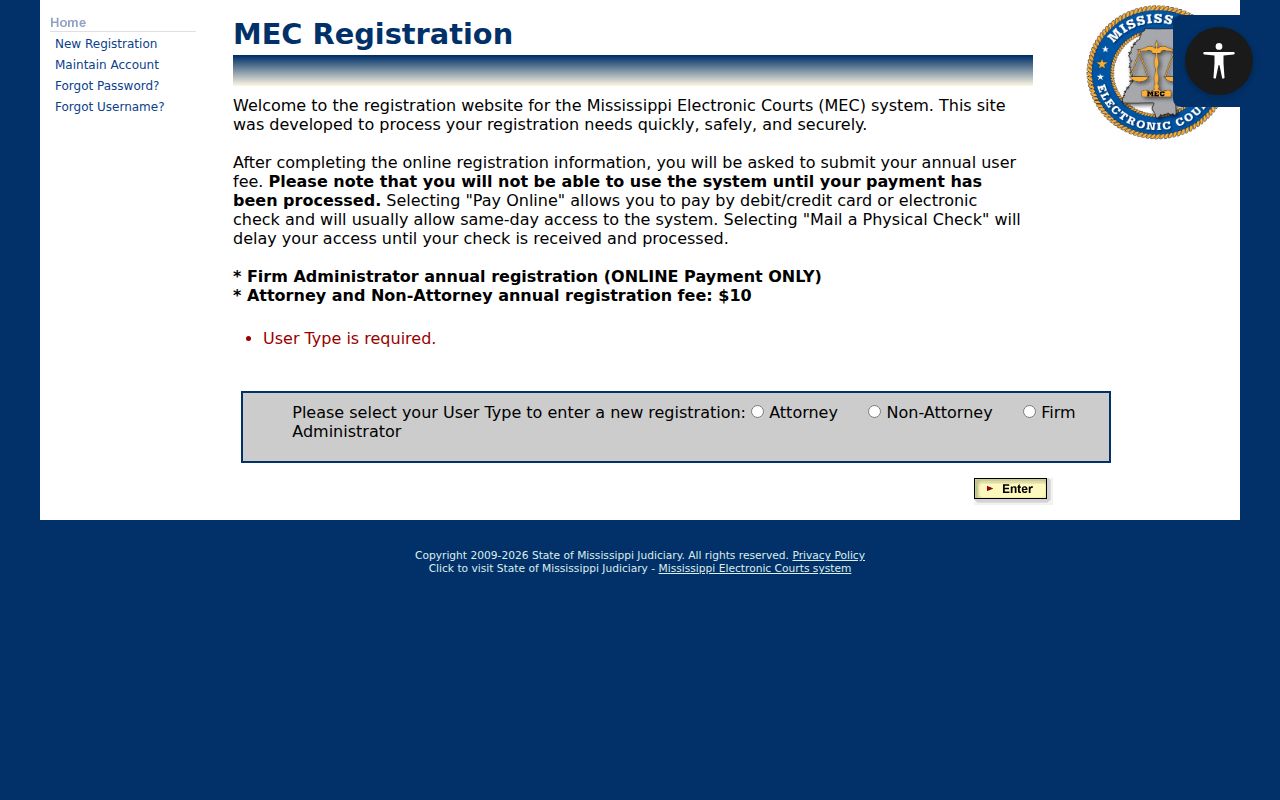 Rankin County court docket MEC registration access screen