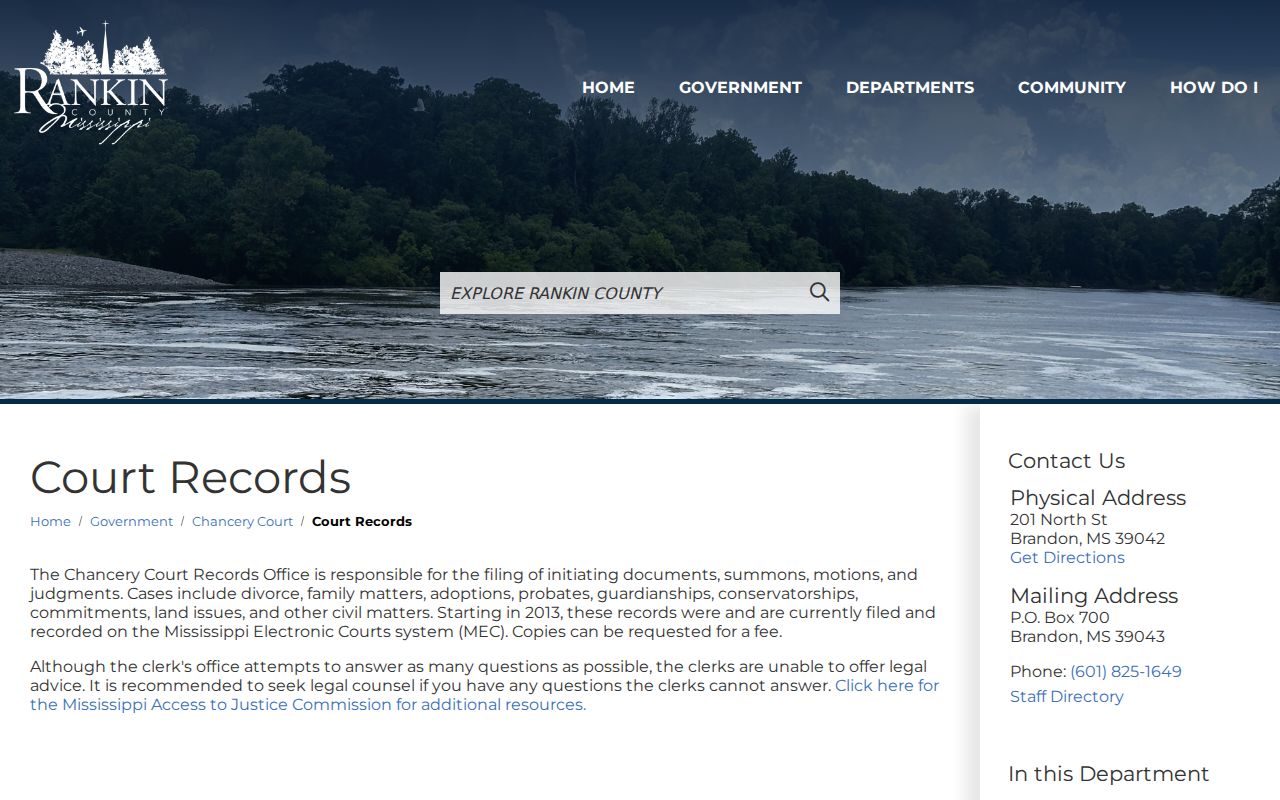 Rankin County court records division for docket and case record requests