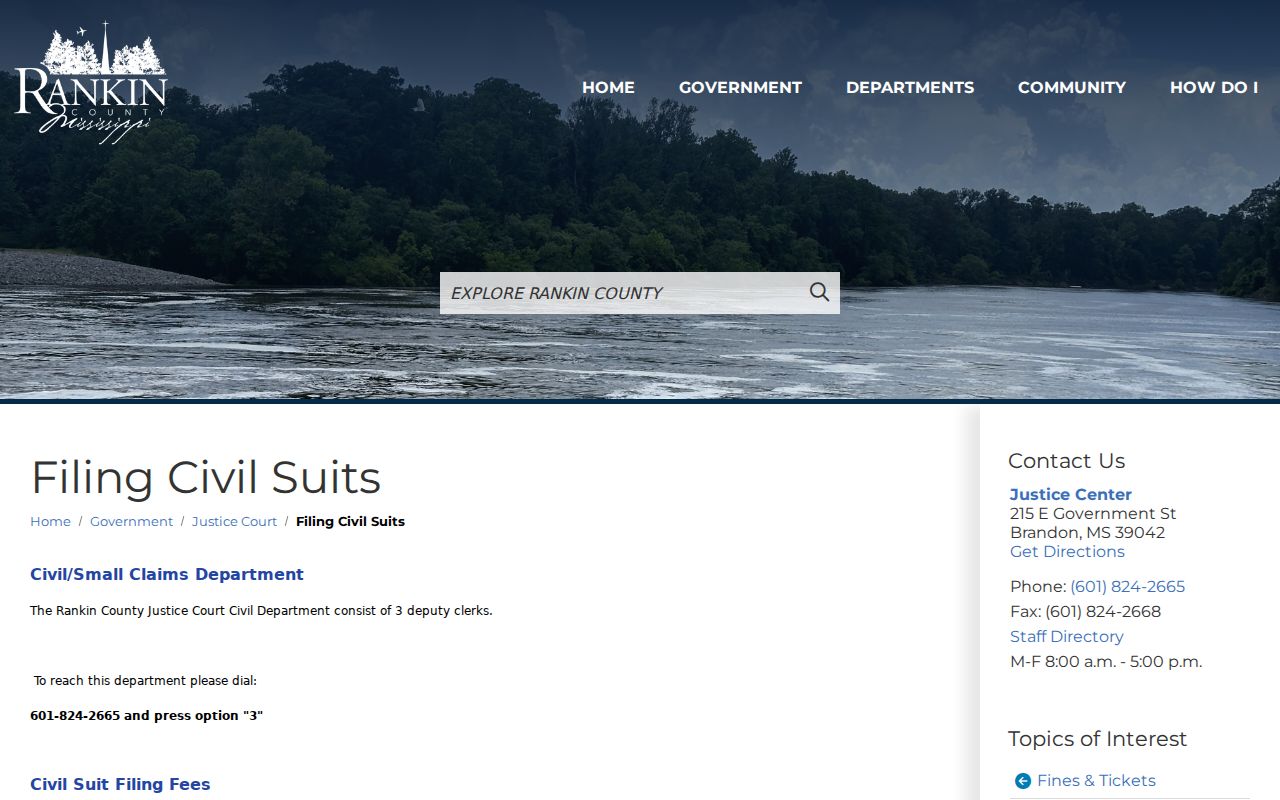 Rankin County civil docket Justice Court filing civil suits information