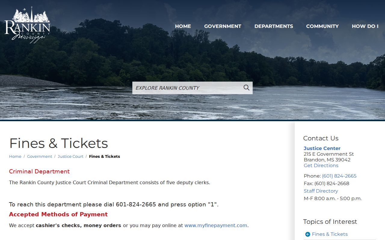 Rankin County traffic court Justice Court fines and tickets information