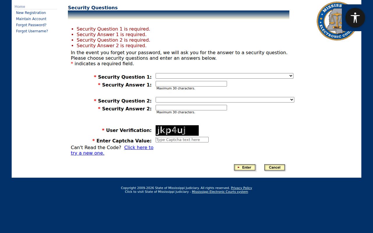 Rankin County case search MEC security questions form